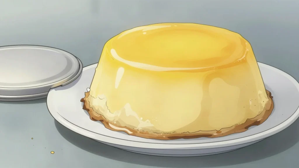 Quindim, glossy baked custard of egg yolk, sugar and coconut, Brazil dessert, anime style
