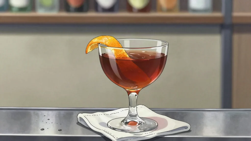 Rabo-de-galo, cachaça stirred with vermouth and served in a small glass, Brazil cocktail, anime style