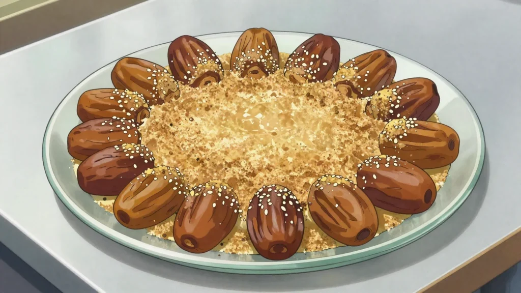 Rangeena, pitted dates covered in toasted flour cooked with ghee and cardamom, Bahrain dessert, anime style
