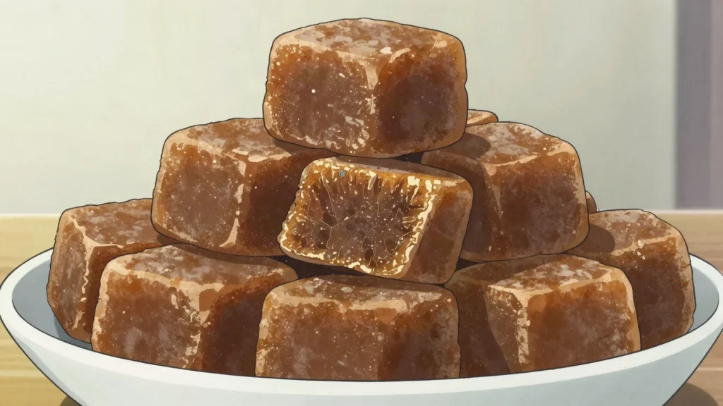 Rapadura, hard block of unrefined cane sugar, chewed or shaved over dishes, Brazil snack, anime style