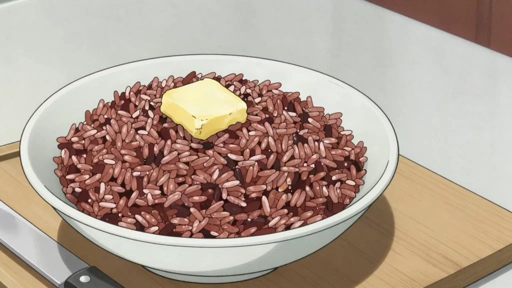 Red Rice, nutty Bhutanese red rice, the staple accompaniment to datshi dishes, Bhutan salad & side, anime style