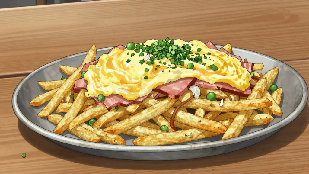 Revuelto Gramajo, scramble of eggs, ham and shoestring fries, porteño brasserie dish, Argentina main, anime style