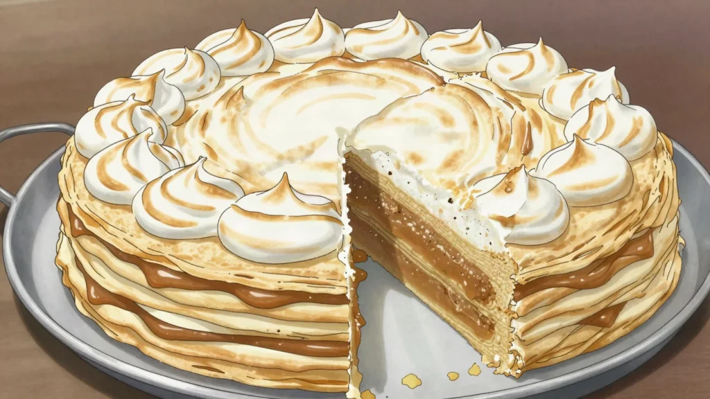 Rogel, stacked thin pastry discs layered with dulce de leche under meringue, Argentina dessert, anime style