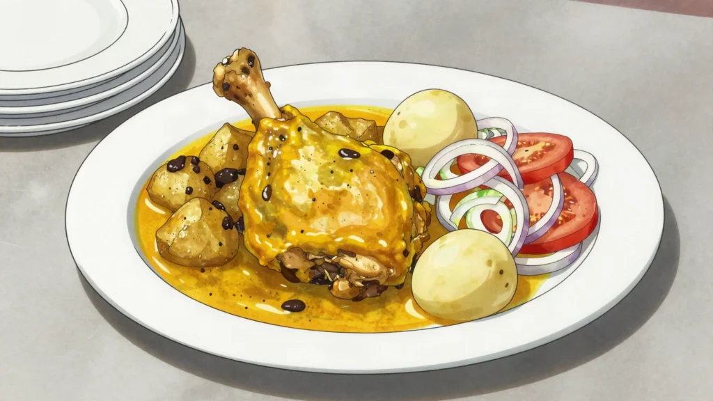 Sajta de pollo, chicken in yellow aji sauce with chuño, potato and onion salad, Bolivia main, anime style