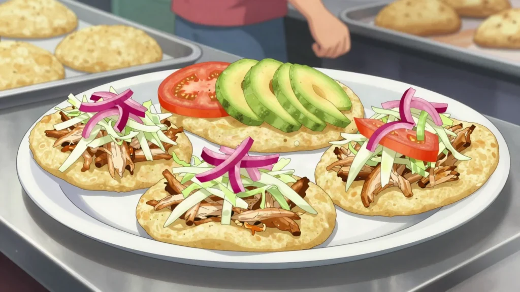 Salbutes, puffed fried tortillas with chicken, cabbage, tomato, Belize street food, anime style