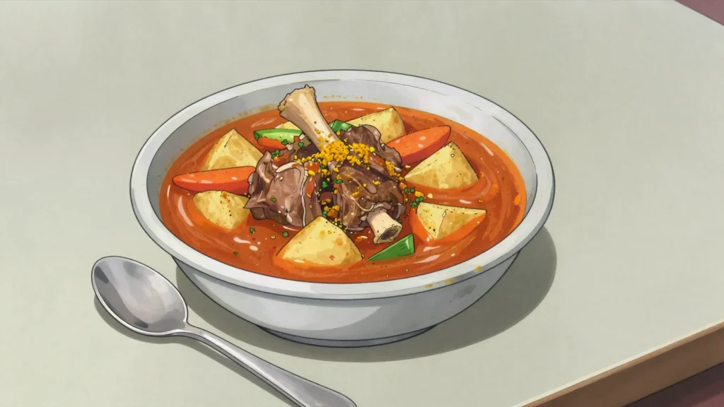 Saloona, tomato-based meat and vegetable stew eaten with rice, Qatar soup & stew, anime style