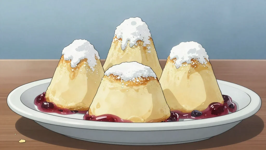 Salzburger Nockerl, three sweet baked soufflé mounds dusted with sugar, served hot, Austria dessert, anime style