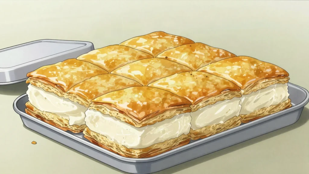Sampita, puff pastry squares filled with a tall block of set egg-white cream, Bosnia and Herzegovina dessert, anime style