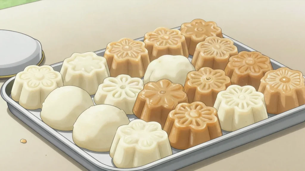 Sandesh, soft fresh-cheese sweet pressed into carved moulds, lightly sweetened and often scented, India dessert, anime style