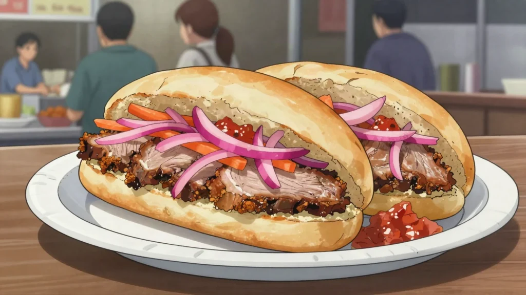 Sándwich de chola, crusty marraqueta filled with roast pork, pickled onion and hot llajwa, Bolivia street food, anime style