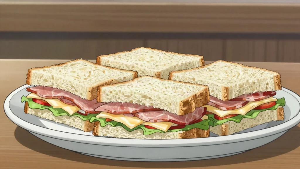 Sándwich de miga, crustless layered white-bread sandwiches of ham and cheese, teatime, Argentina snack, anime style
