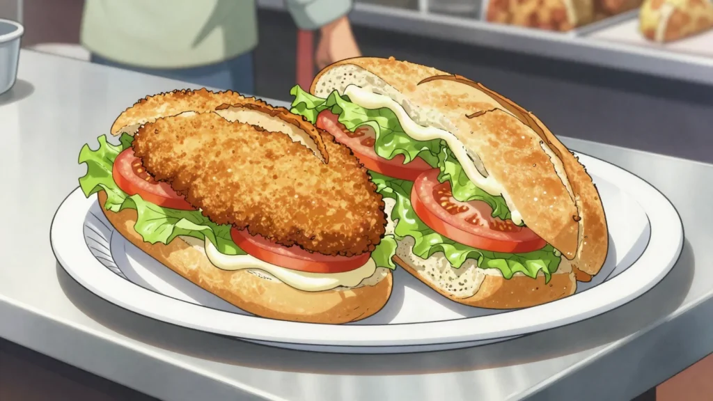 Sánguche de milanesa, breaded steak in a crusty roll with lettuce, tomato and mayonnaise, Argentina street food, anime style