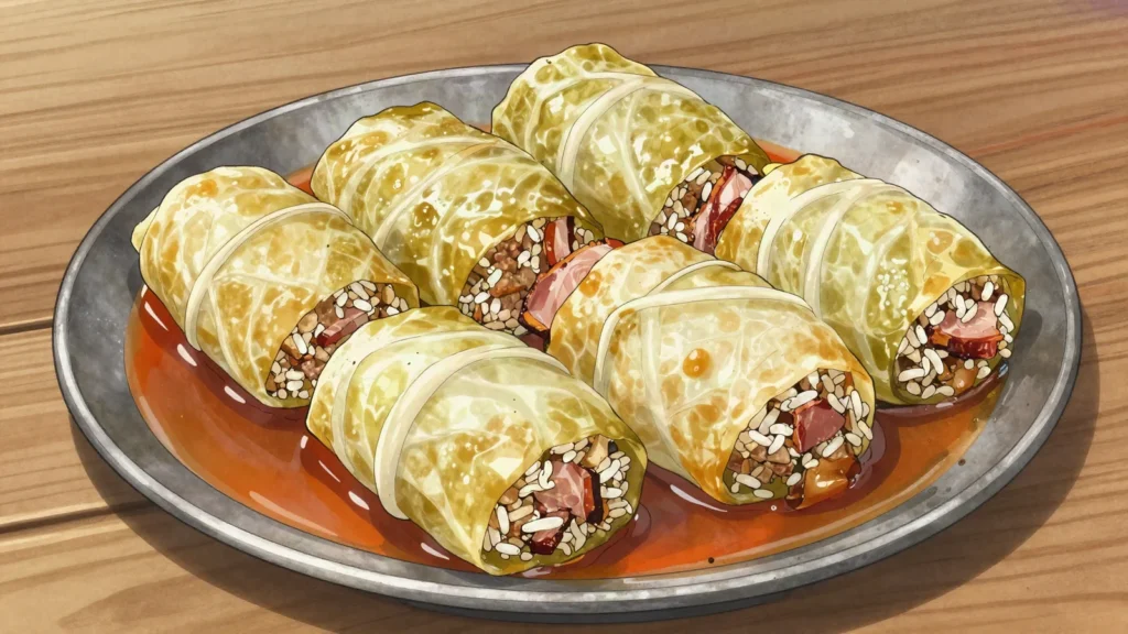 Sarma, sour cabbage rolls simmered with smoked meat, Serbia main, anime style
