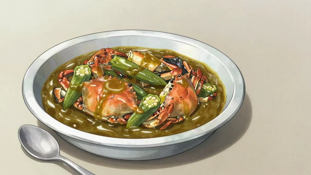 Sauce gombo, sticky okra sauce with dried fish, meat and shea butter, poured over to, Mali soup & stew, anime style