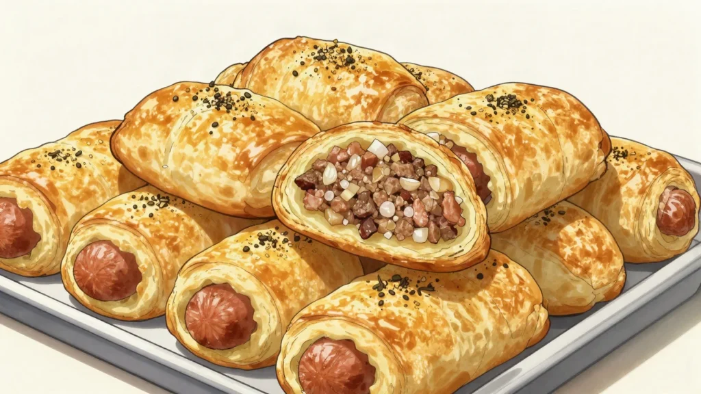 Sausage Roll, seasoned sausage mince wrapped in flaky puff pastry, bakery staple, Australia bread & pastry, anime style