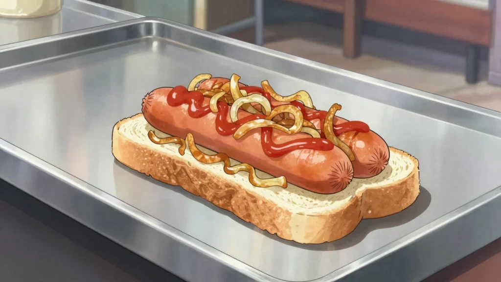 Sausage Sizzle, grilled sausage on white bread with onions and sauce, fundraiser classic, Australia street food, anime style