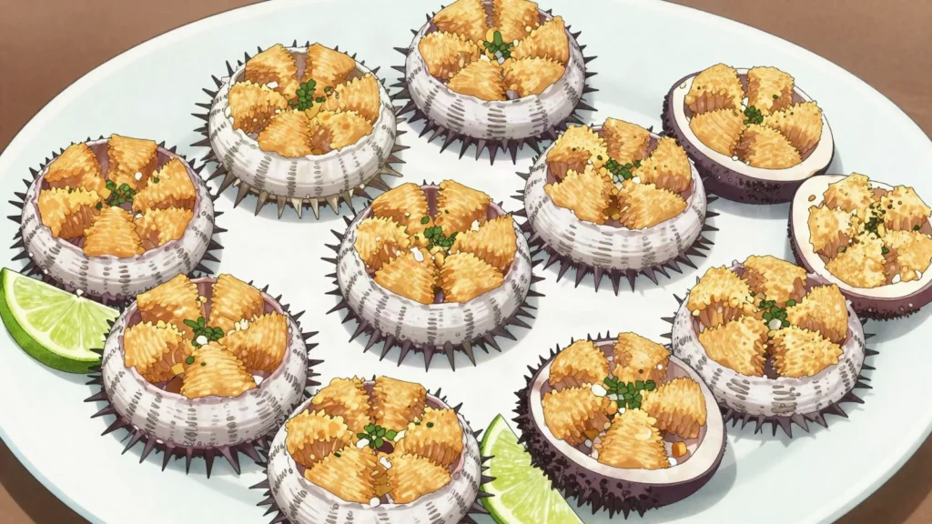 Sea egg, white sea urchin roe steamed or fried, served in the shell, Barbados snack, anime style