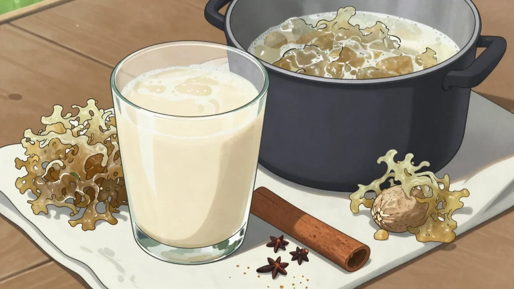 Sea moss drink, seaweed boiled to a gel and blended with milk, spice and sweetener, Trinidad and Tobago drink, anime style