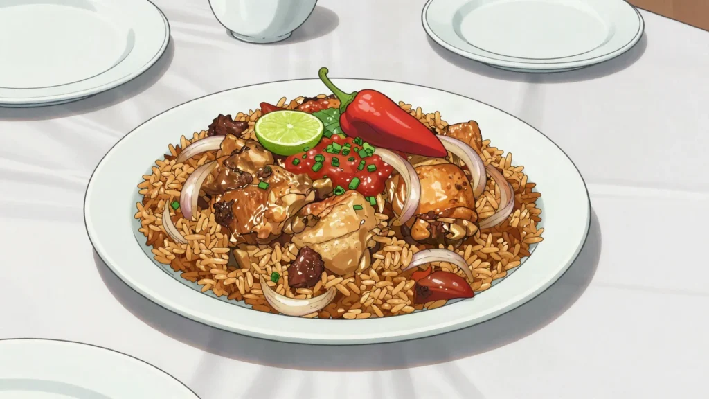 Seasoned rice, one-pot rice cooked with meats and vegetables, Antigua and Barbuda main, anime style