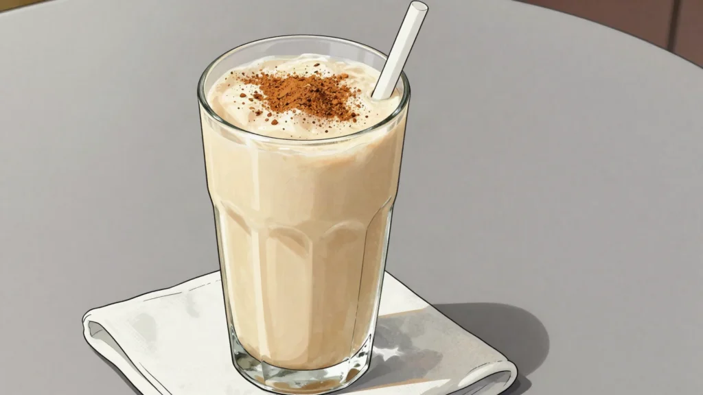 Seaweed shake, blended Irish moss drink with milk, cinnamon, nutmeg, Belize drink, anime style