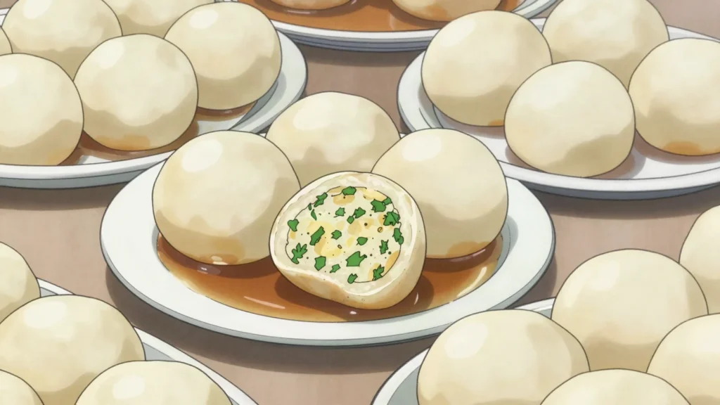 Semmelknödel, bread dumplings partnering goulash and roasts, Austria salad & side, anime style