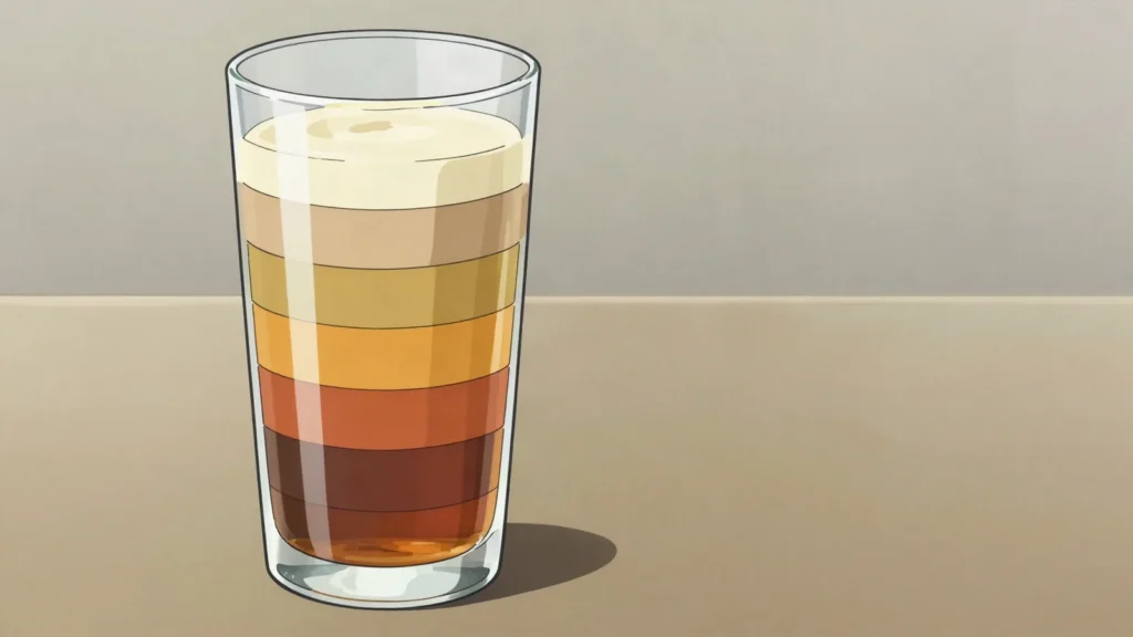 Seven Colour Tea, layered tea of different densities poured into a glass in visible bands, Bangladesh drink, anime style