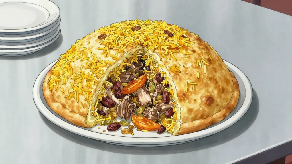 Shah plov, crown of rice, dried fruit and meat baked inside a lavash crust, Azerbaijan main, anime style