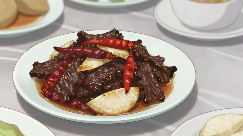 Shakam Paa, sun-dried beef stir-fried with dried chilies and radish, Bhutan main, anime style