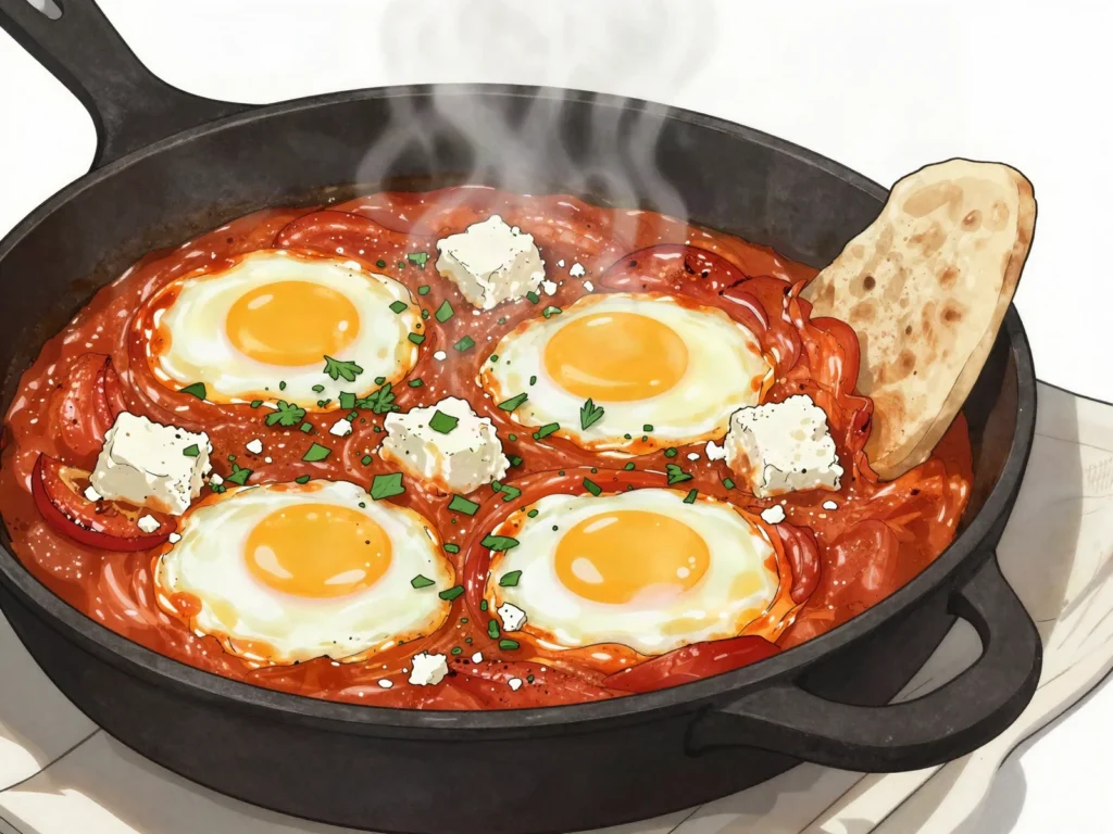 Shakshuka, eggs poached in spiced tomato-pepper sauce; North African Jewish import, Israel breakfast, anime style