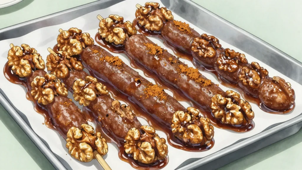 Sharots, walnut strings dipped repeatedly in thickened grape or mulberry syrup, Armenia dessert, anime style