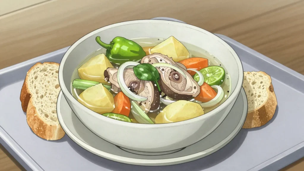 Sheep tongue souse, sheep tongue simmered in a peppery lime and onion broth, Bahamas soup & stew, anime style