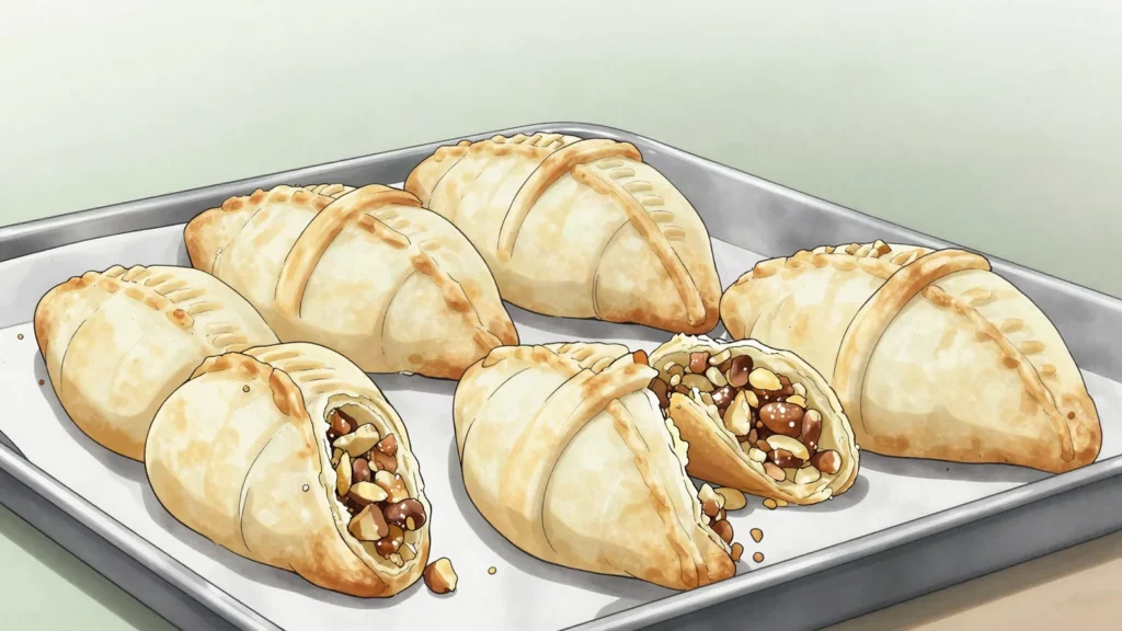 Shekerbura, crescent pastry pinched with tweezers, filled with sugared nuts, Azerbaijan dessert, anime style