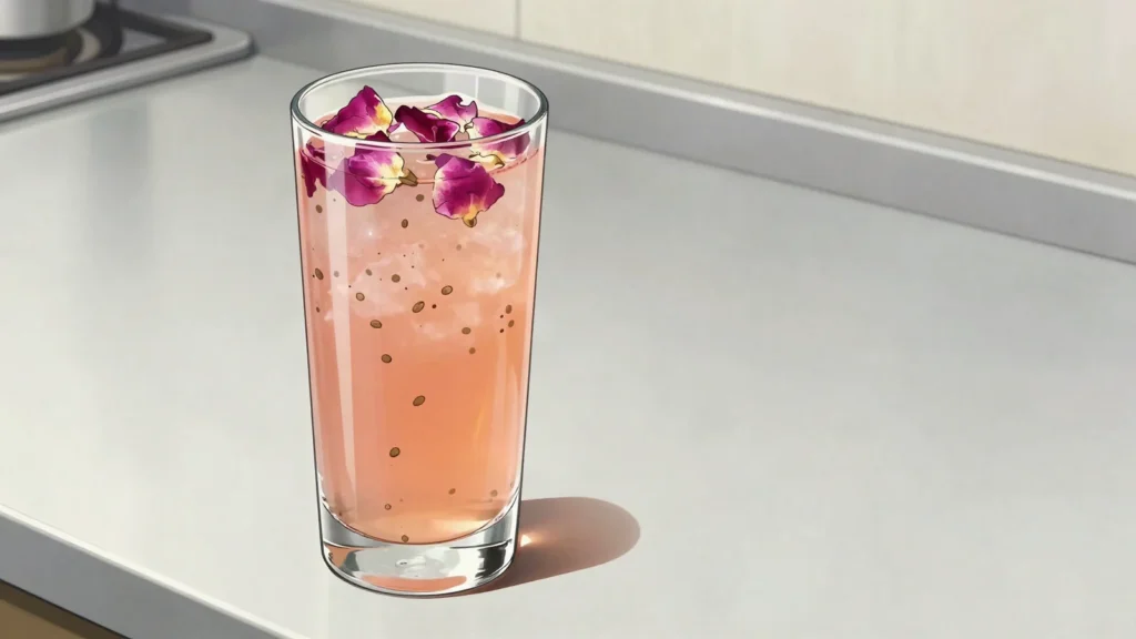 Sherbet, chilled syrup drink of fruit, rose or basil seeds, poured at weddings, Azerbaijan drink, anime style