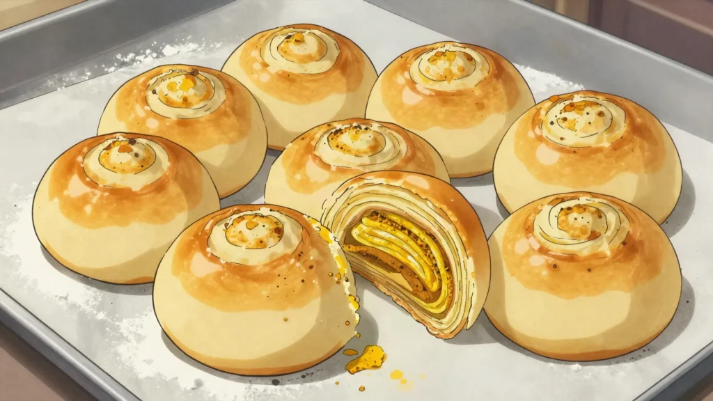 Shor gogal, flaky spiced savory bun baked for Novruz, Azerbaijan bread & pastry, anime style