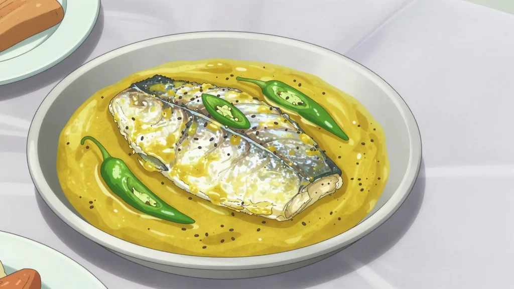 Shorshe Ilish, national hilsa fish cooked in pungent mustard sauce, Bangladesh main, anime style