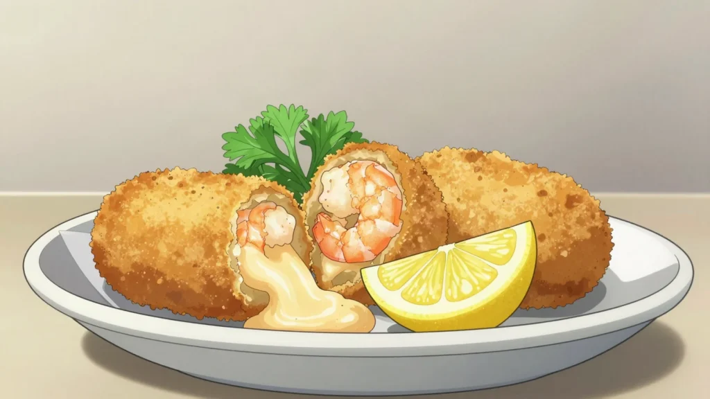 Shrimp croquettes, molten croquettes of North Sea grey shrimp, fried crisp, Belgium snack, anime style