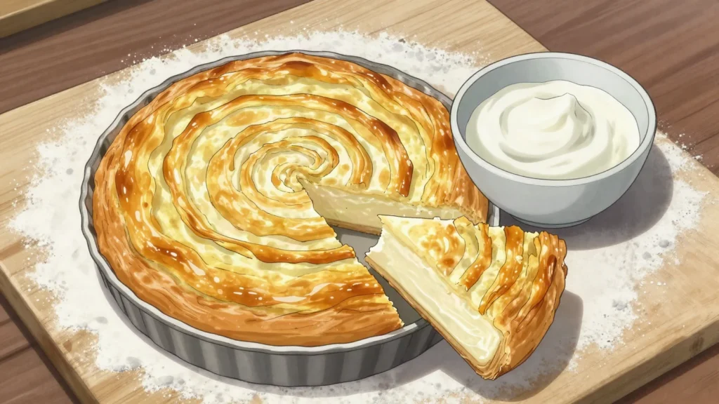 Sirnica, coiled filo pie filled with fresh soft cheese, eaten hot with, Bosnia and Herzegovina bread & pastry, anime style