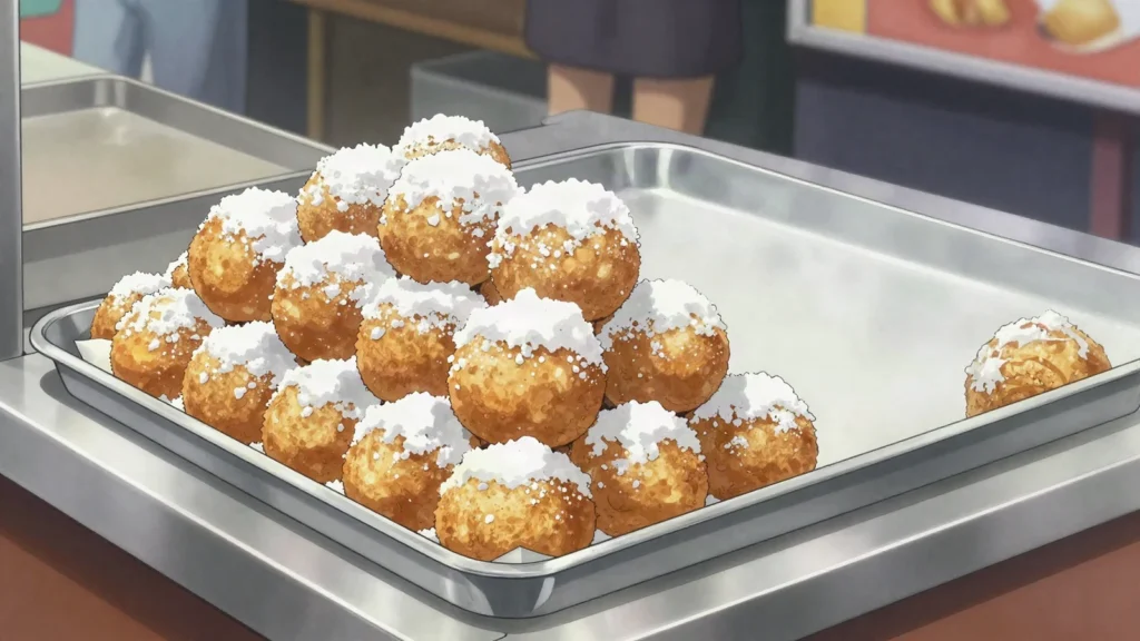 Smoutebollen, yeast dough balls fried in lard and buried in icing sugar, Belgium street food, anime style