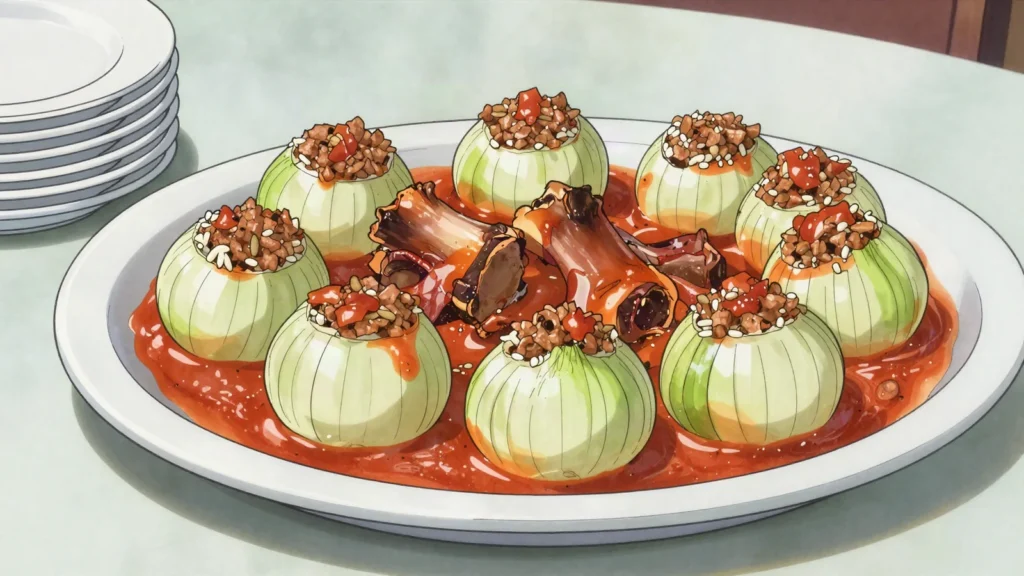 Sogan-dolma, onions stuffed with minced meat, Mostar specialty, Bosnia and Herzegovina main, anime style