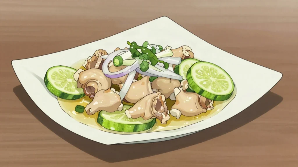 Souse, pig's feet or chicken pickled in lime, cucumber, onion and pepper, Trinidad and Tobago snack, anime style