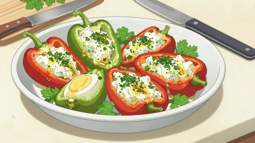 Speca me gjizë, peppers baked or stuffed with fresh curd cheese and herbs, Albania salad & side, anime style