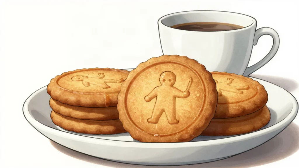 Speculoos, caramelised spice biscuits for Saint Nicholas and coffee, Belgium snack, anime style