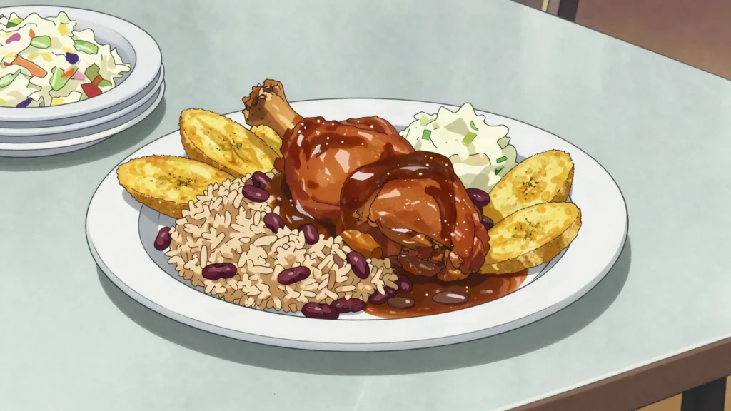 Stew chicken with rice and beans, recado-browned chicken with coconut rice and beans; national, Belize main, anime style