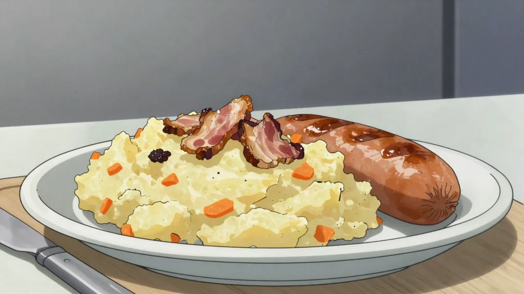 Stoemp, rustic mash of potatoes and vegetables, with sausage, Belgium salad & side, anime style