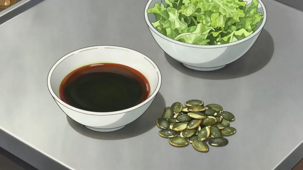 Styrian pumpkin seed oil, thick dark green nutty oil drizzled over salads, soups and, Austria sauce & condiment, anime style
