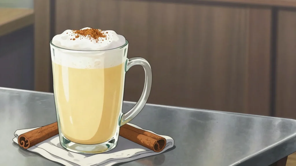Sucumbé, hot milk beaten with egg, cinnamon and singani, drunk at Christmas, Bolivia cocktail, anime style