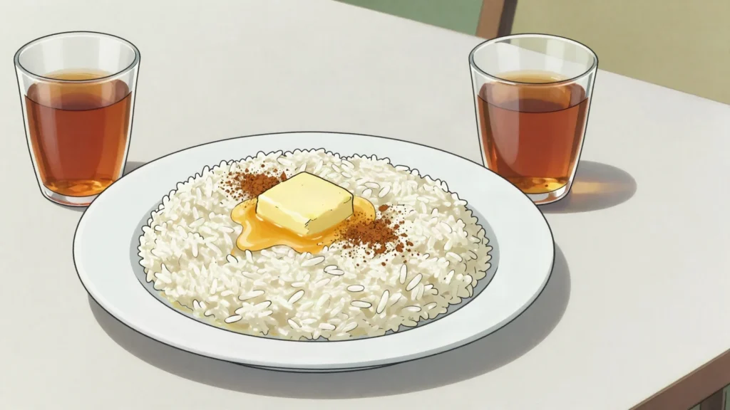 Sudlu siyiq, loose rice pudding cooked in milk, served warm with butter and sugar, Azerbaijan breakfast, anime style
