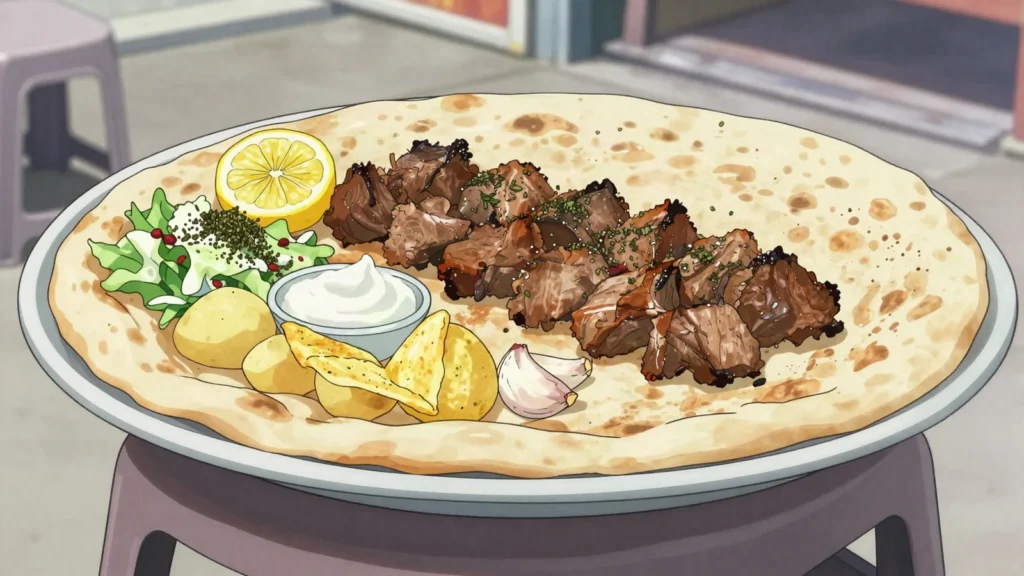 Sufllaqe, grilled meat wrapped in flatbread with chips, yoghurt sauce and salad, Albania street food, anime style
