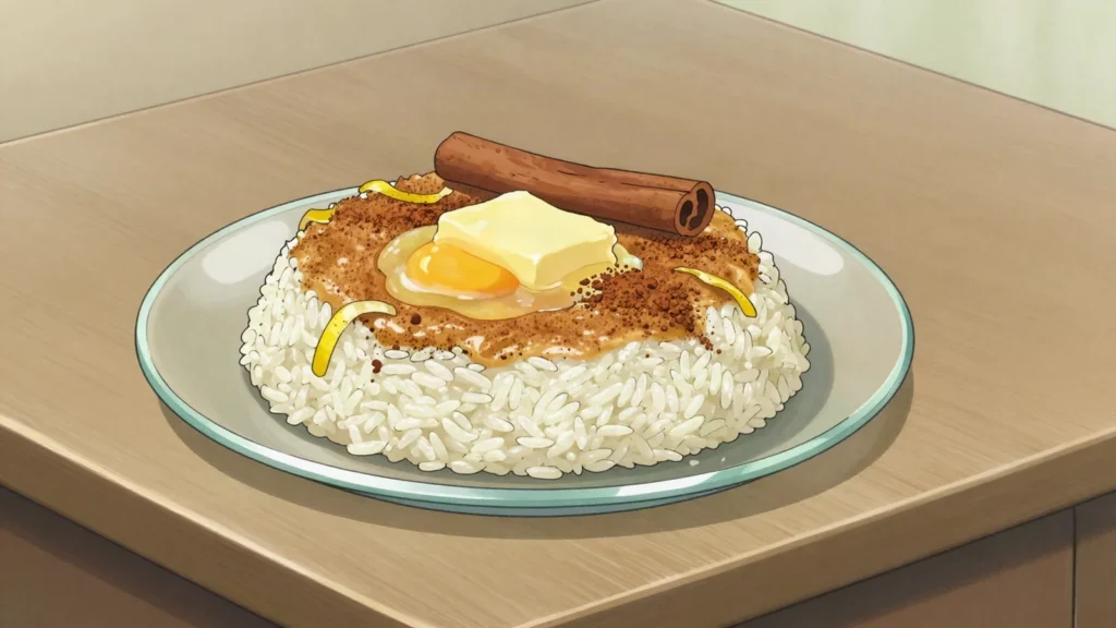 Sultjash, rice pudding baked with a browned cinnamon top, eaten cold, Albania dessert, anime style