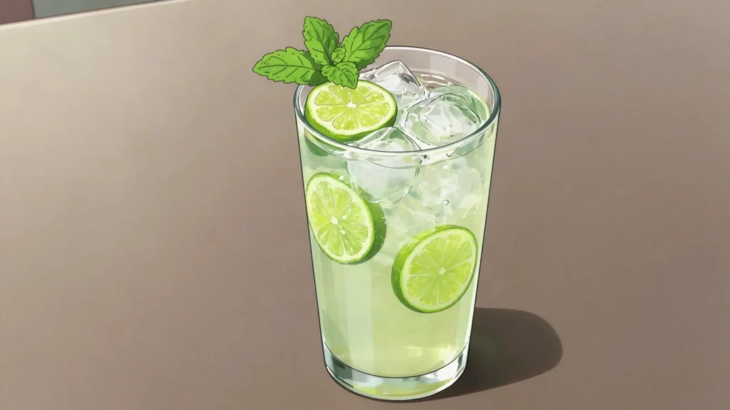 Switcha, bahamian limeade of fresh key limes, sugar and water over ice, Bahamas drink, anime style